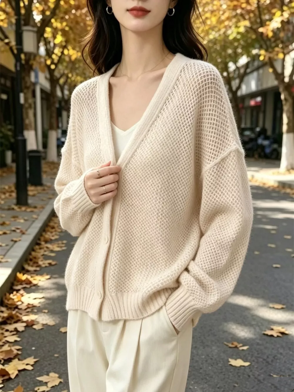 V-Neck Open-Knit Button-Down Cardigan, image 8