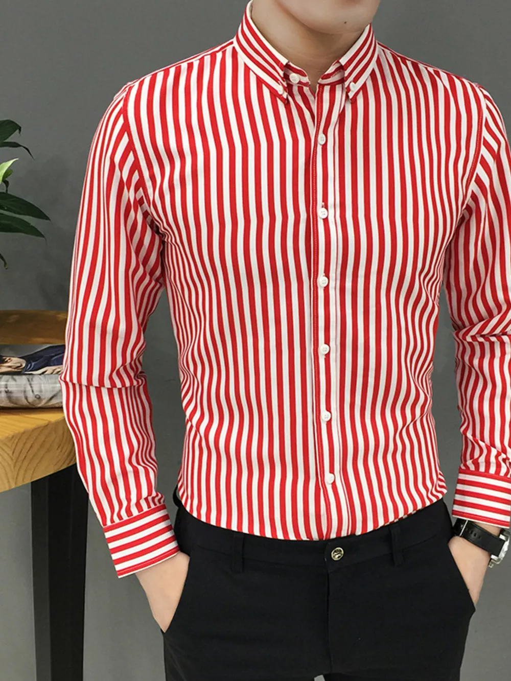 Men's Plus Size Striped Button Up Long Sleeve Shirt, image 2