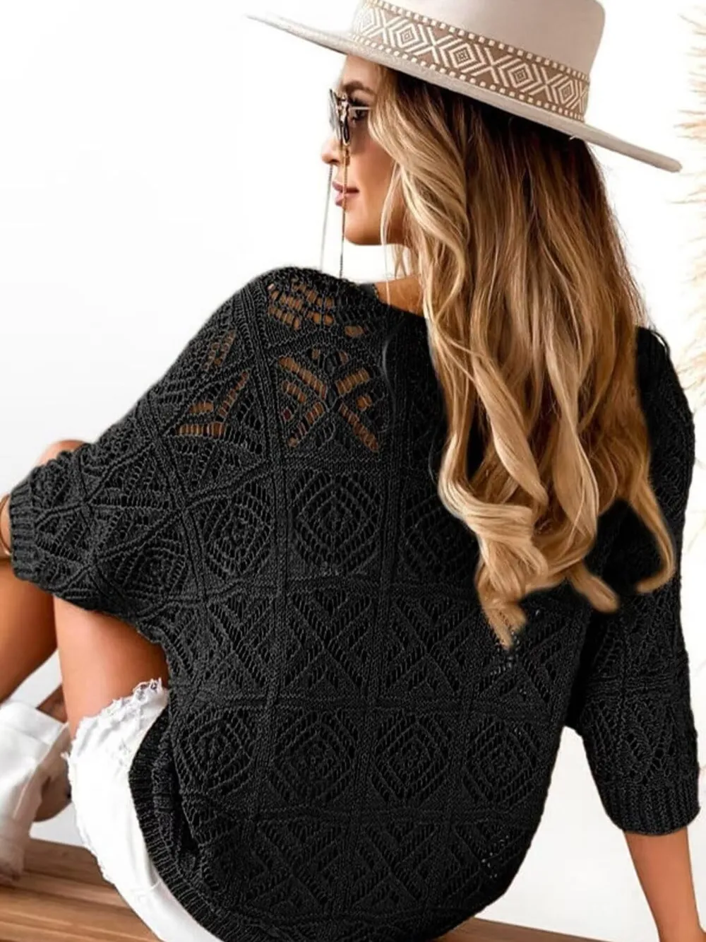 Openwork 3/4 Sleeve Knit Cover Up, image 11