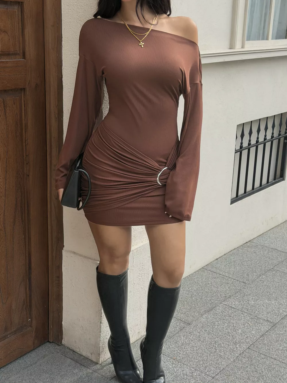 One Shoulder Ruched Bodycon Dress with Metal Ring Detail, image 5