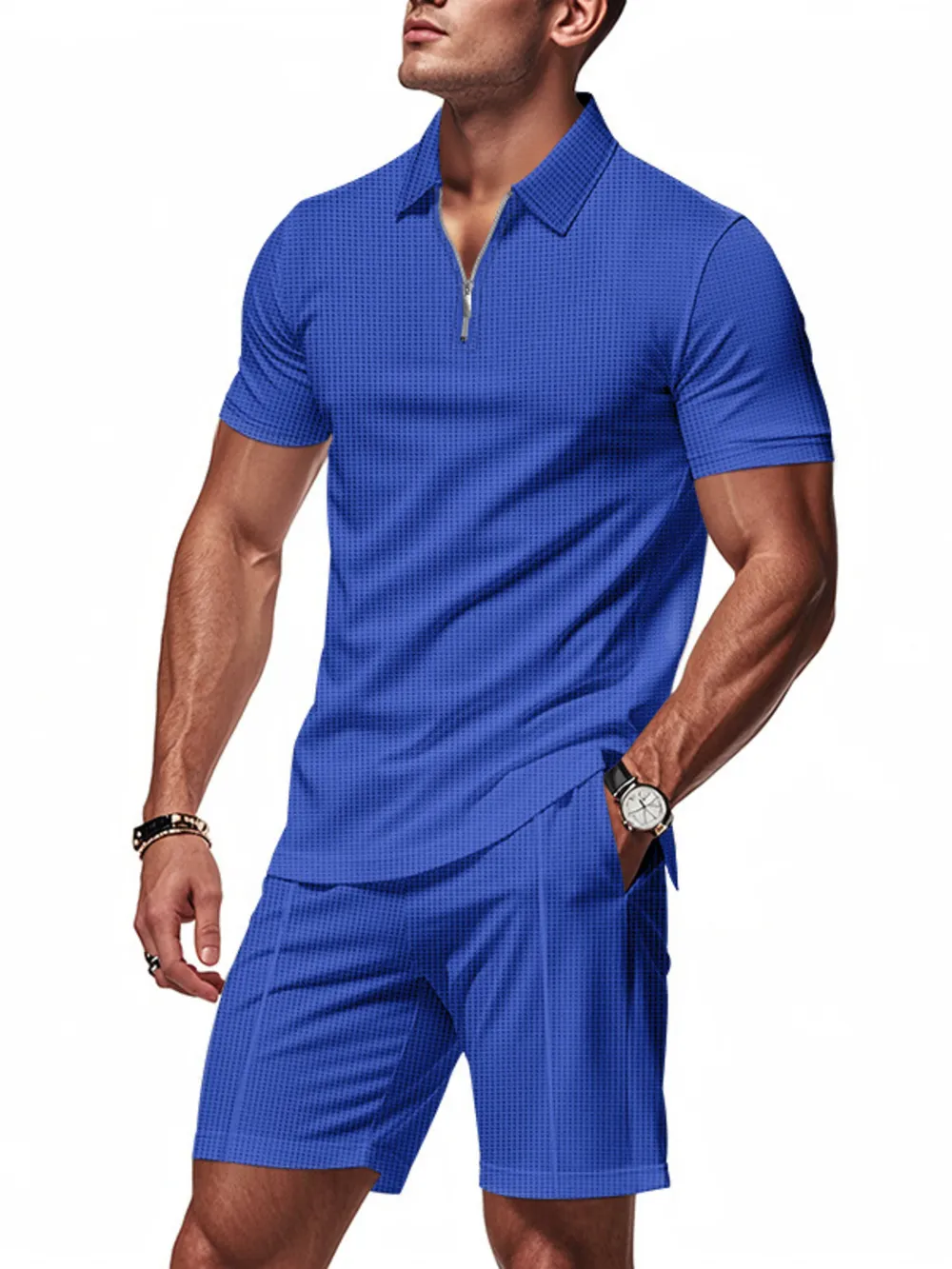 Men's Plus Size Quarter Zip Short Sleeve Top and Shorts Set, image 10
