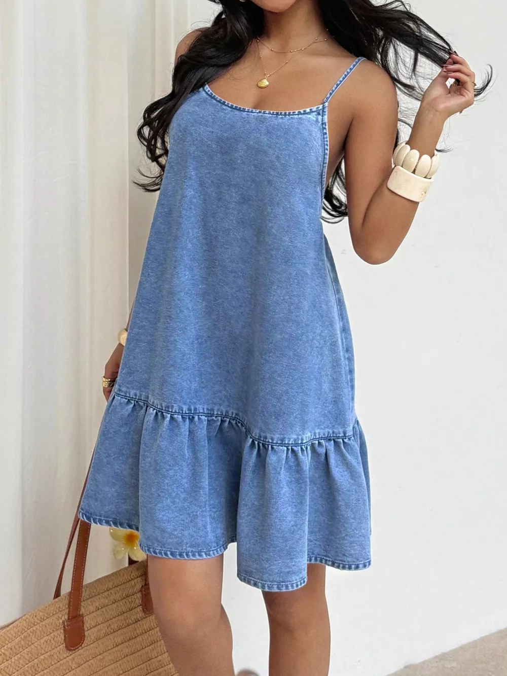 Casual Spaghetti Strap Ruffle Hem Denim Dress