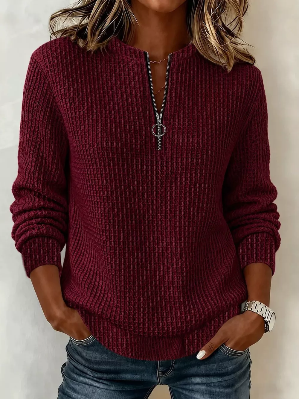 Full Size  Quarter-Zip Waffle Knit Sweatshirt Plus Size, image 8