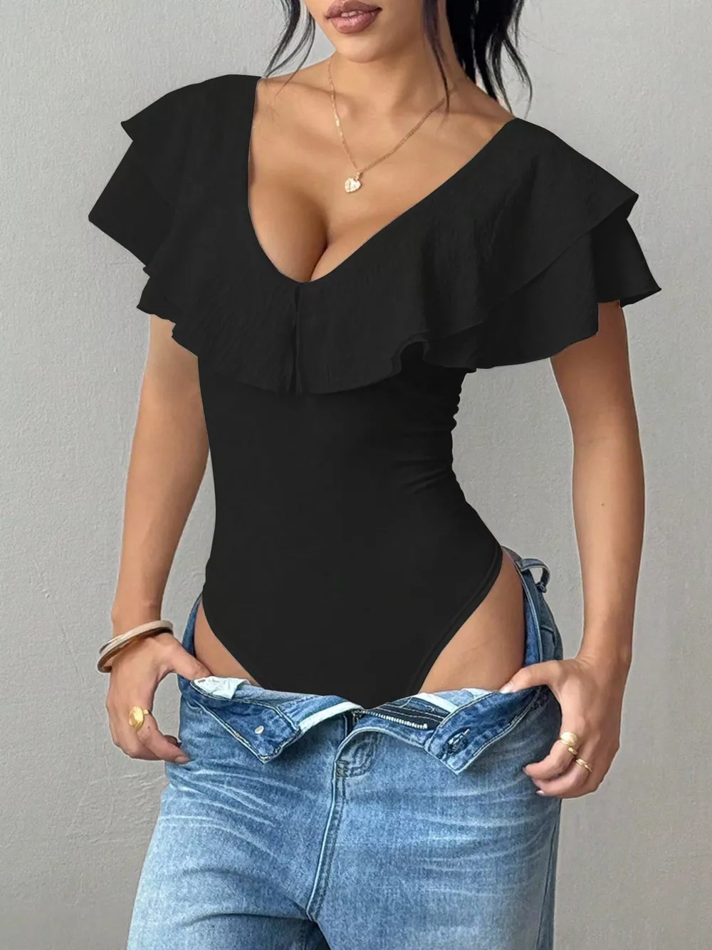 Ruffle Trim V-Neck Bodysuit, image 9