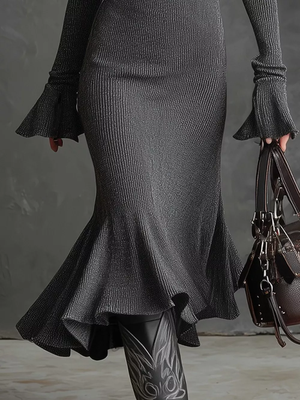 Ribbed Knit Zip Front Flare Hem Midi Dress, image 4