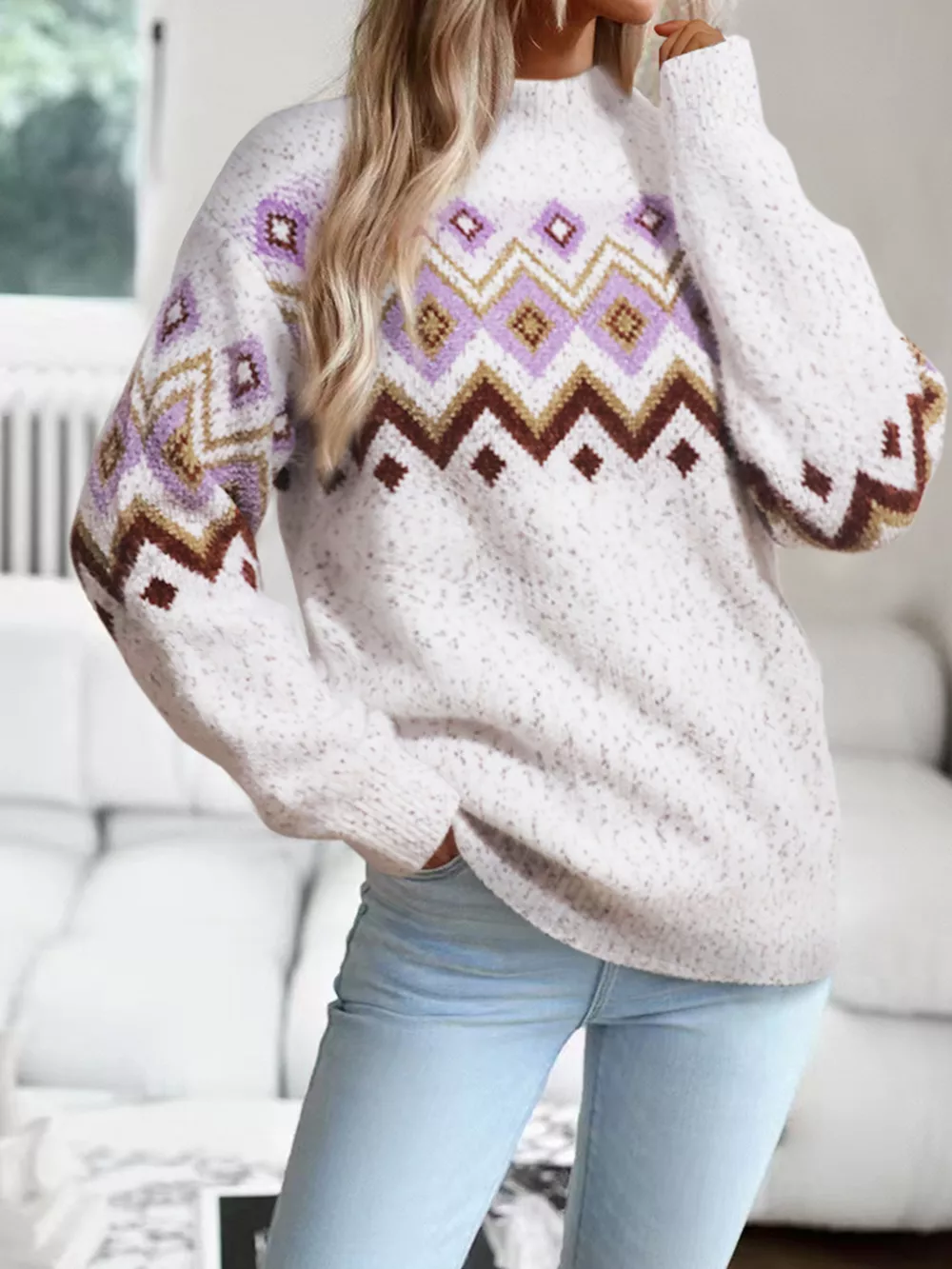 Geometric Pattern Mock Neck Sweater, image 2