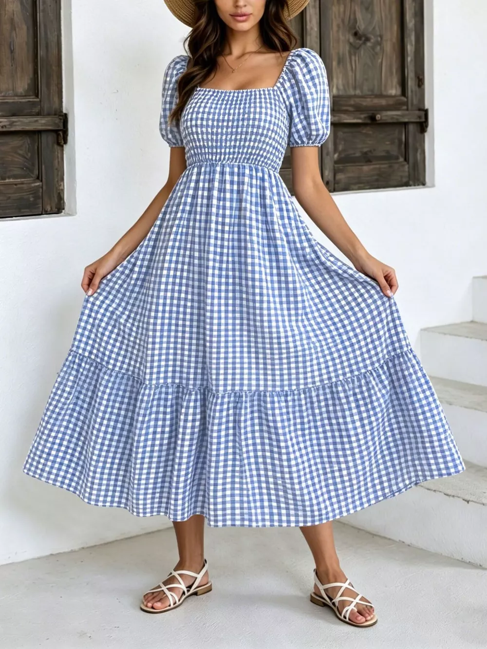 Gingham Smocked Puff Sleeve Midi Dress, image 2