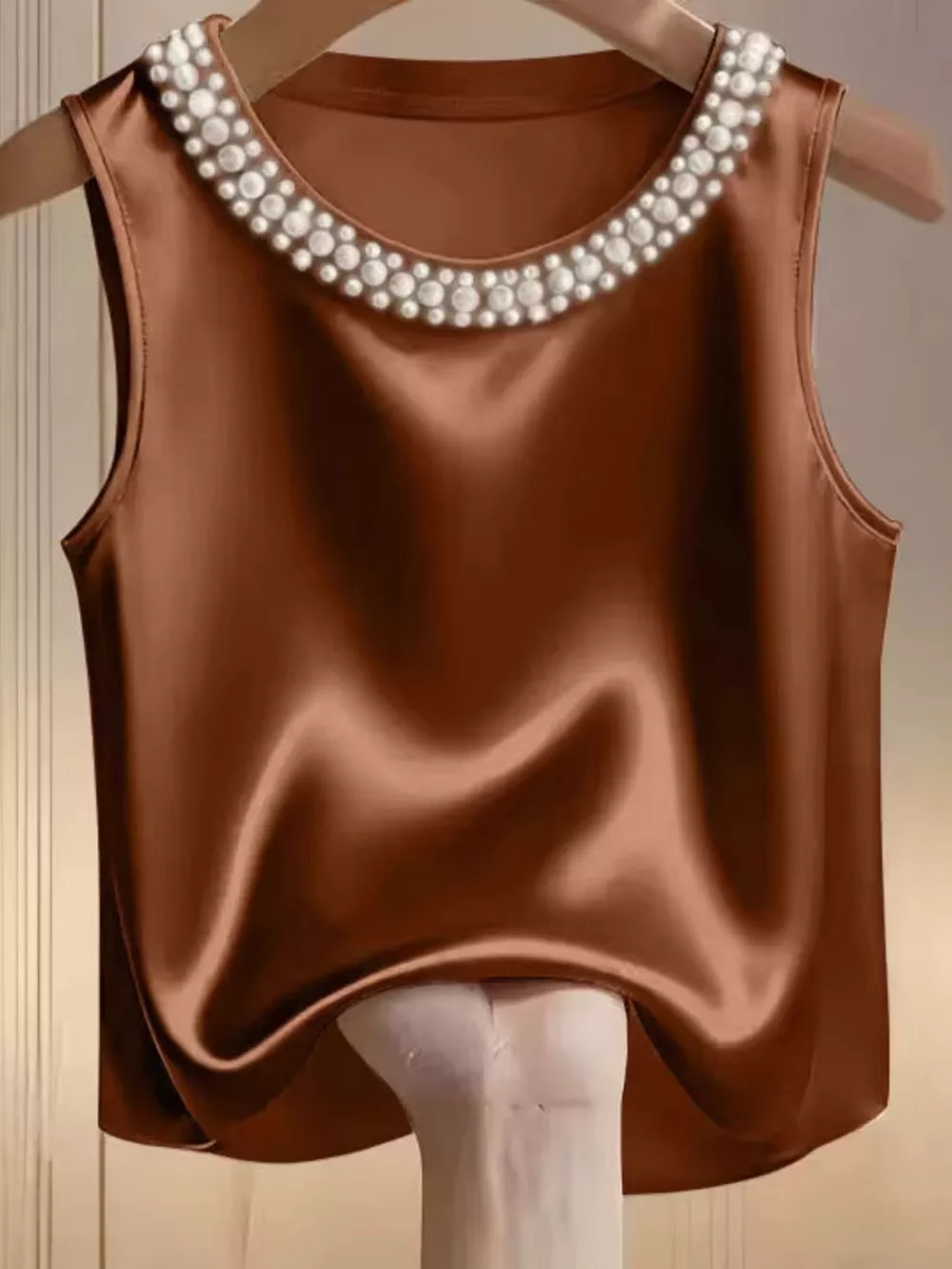 Pearl Embellished Satin Tank Top, image 3