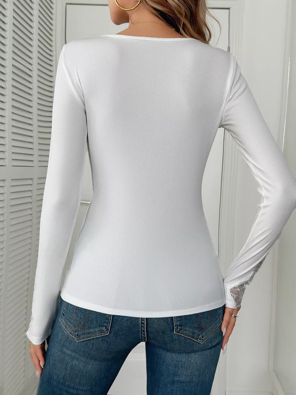Elegant Lace Trim Long Sleeve Top, image 5