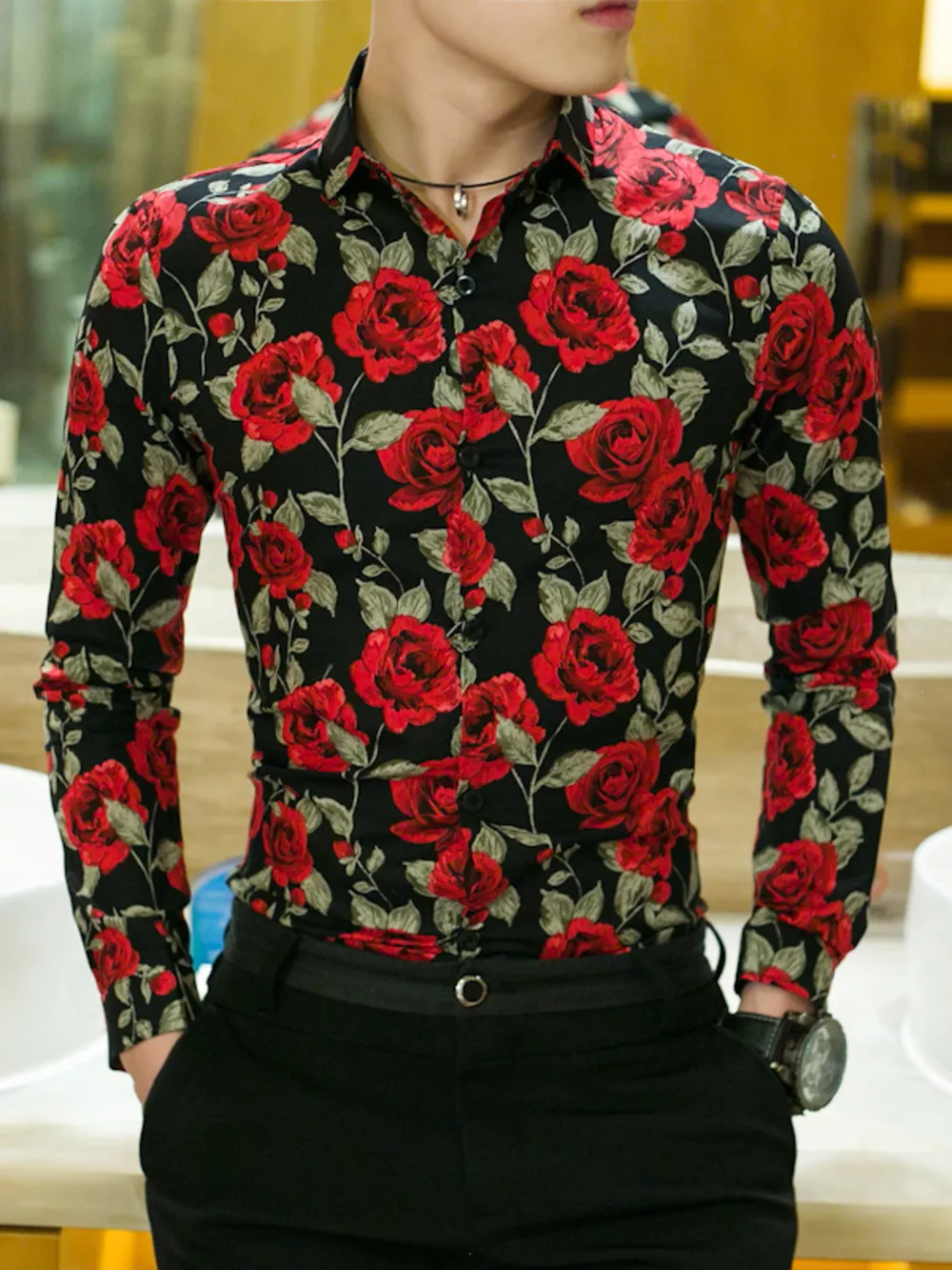 Men's Plus Size Floral Print Slim Fit Long Sleeve Shirt, image 5