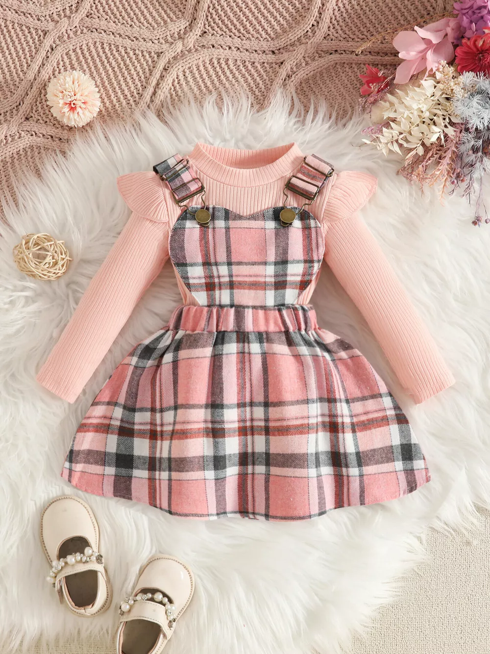 Children's Plaid Suspender Skirt Set with Ribbed Long Sleeve Top, image 9