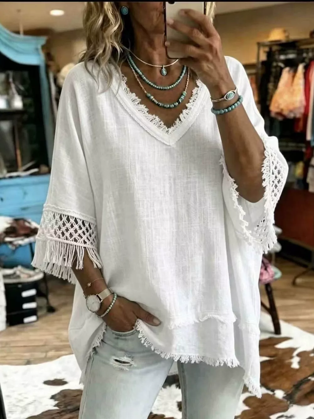 Full Size Fringe Trim V-Neck Loose Fit Blouse Plus Size, image 5