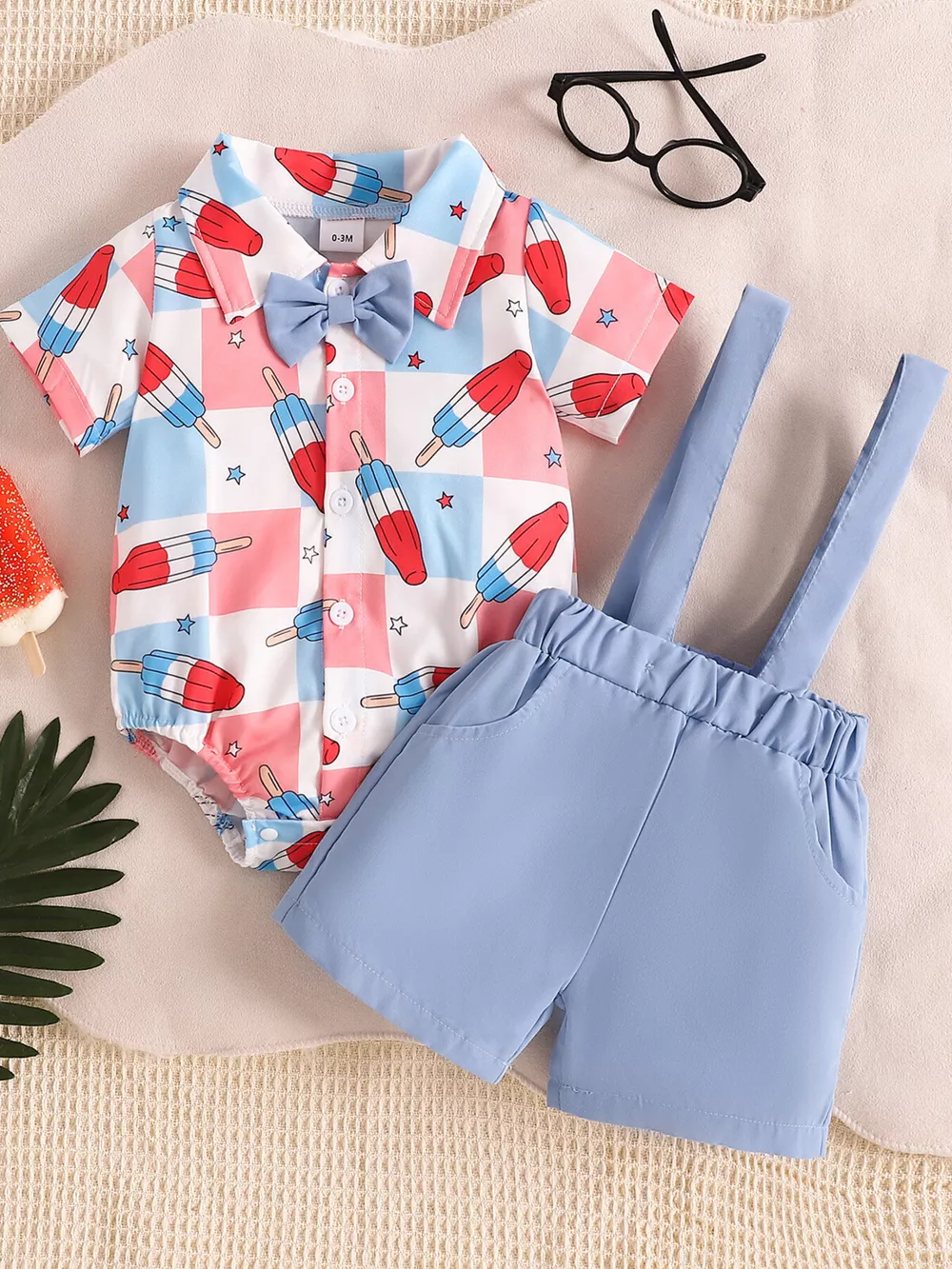 Children's USA Print Bow Decor Bodysuit and Suspender Shorts Set, image 6