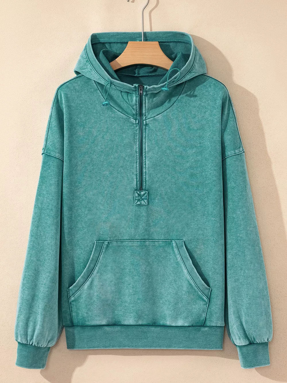 Half Zip Kangaroo Pocket Mineral Wash Baggy Hoodie, image 4