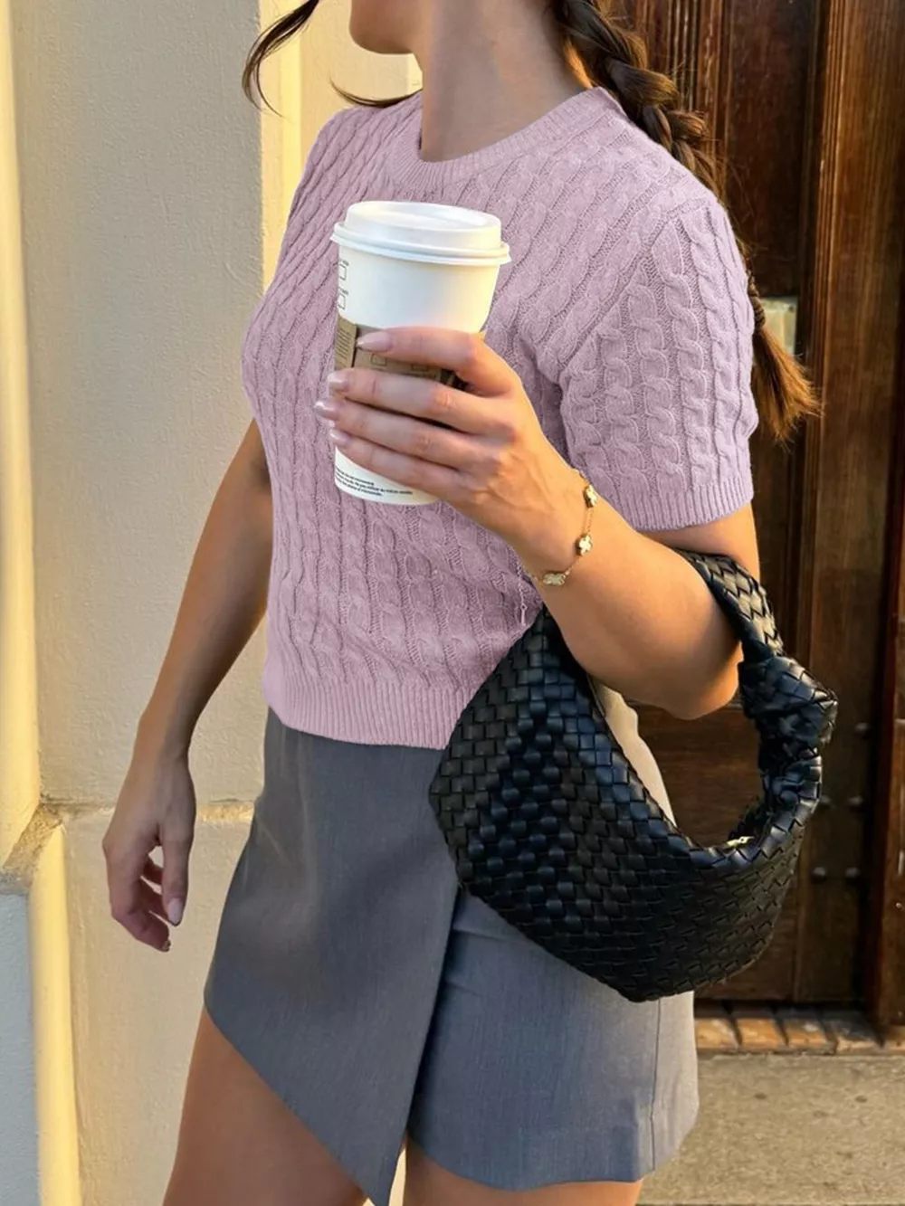 Cable-Knit Short Sleeve Sweater, image 10