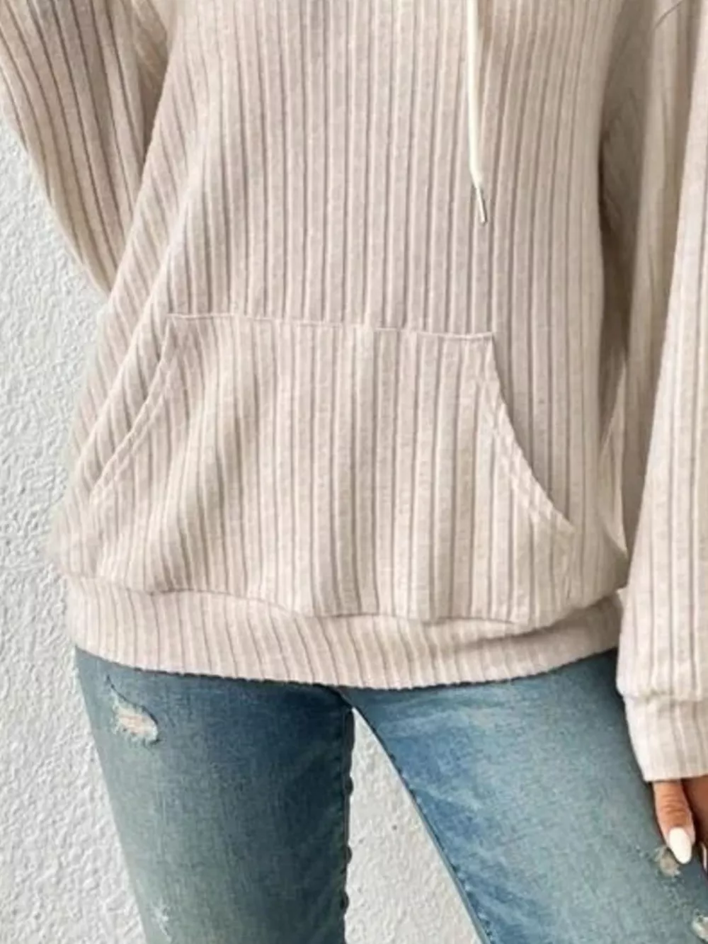Ribbed Knit Long Sleeve Hoodie, image 3