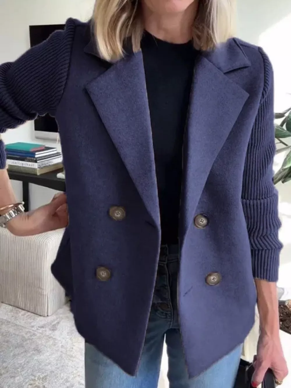 Full Size Knitted Sleeve Wool Blend Double-Breasted Blazer Plus Size, image 13