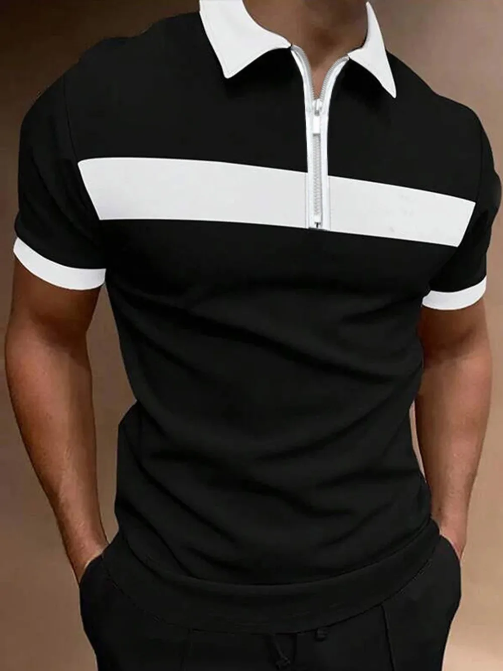 Men's Full Size Casual Color Block Zipper Polo Plus Size