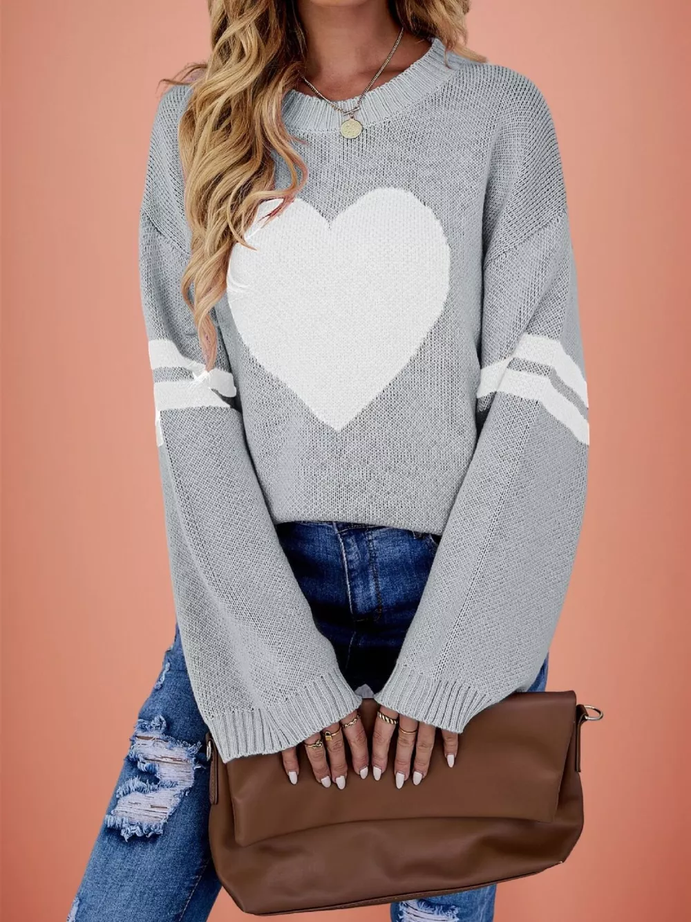 Heart Pattern Dropped Shoulder Sweater, image 8
