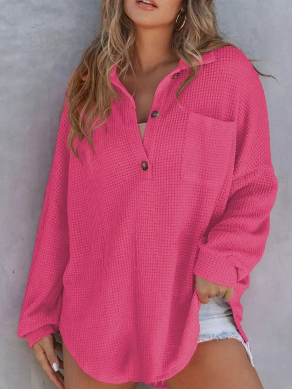 Waffle Knit Button Detail T-Shirt with Pocket, image 6