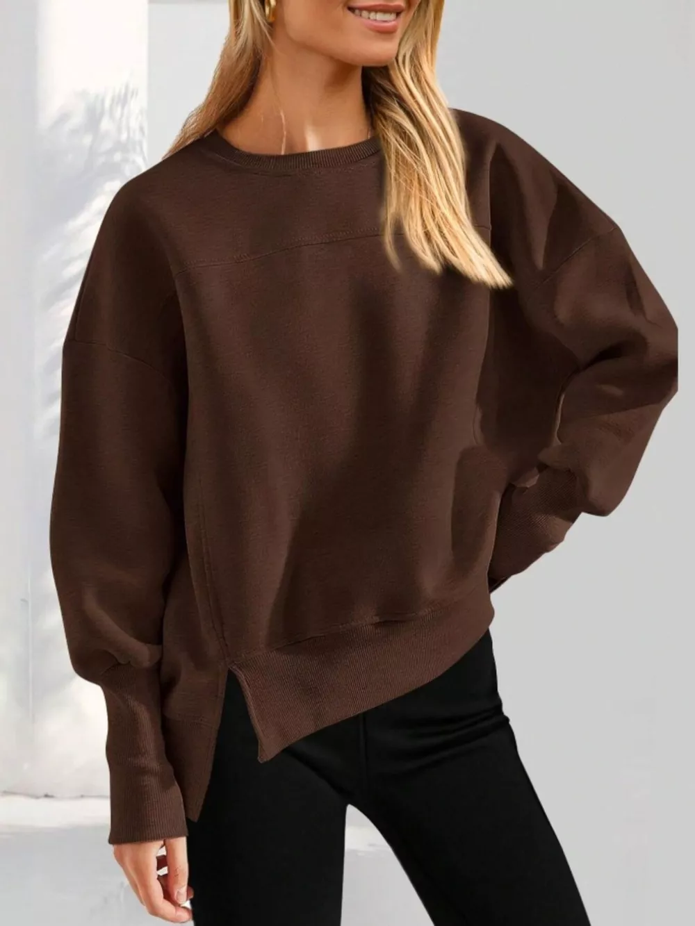 Slit Round Neck Dropped Shoulder Sweatshirt, image 3