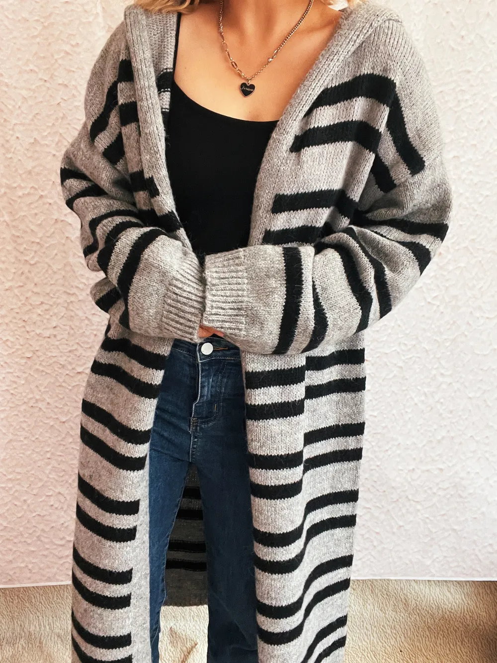 Striped Open Front Hooded Cardigan, image 16