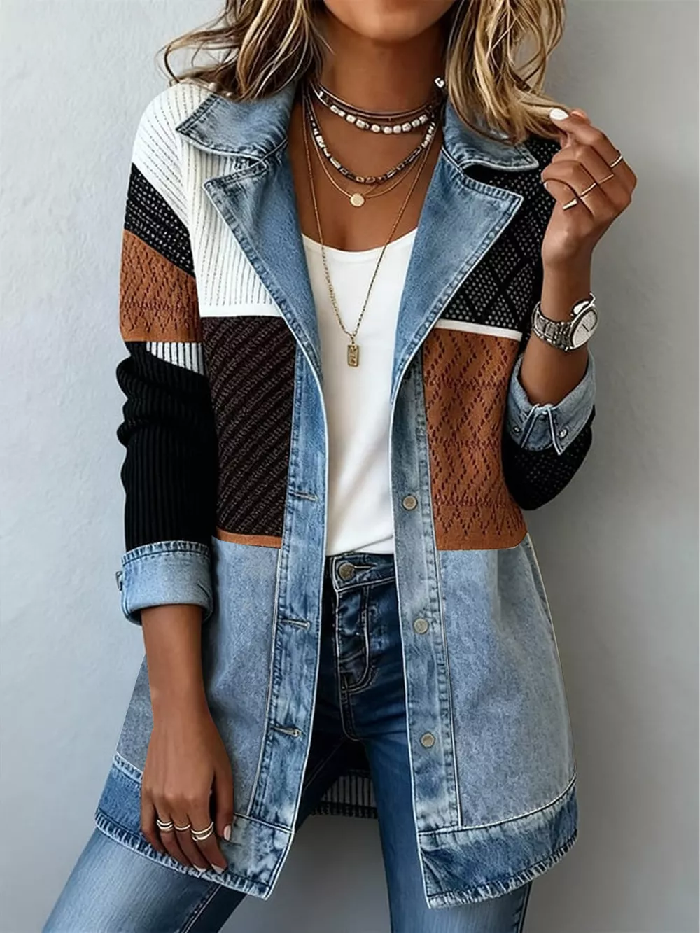 Color-Block Denim and Knit Patchwork Casual Jacket, image 5