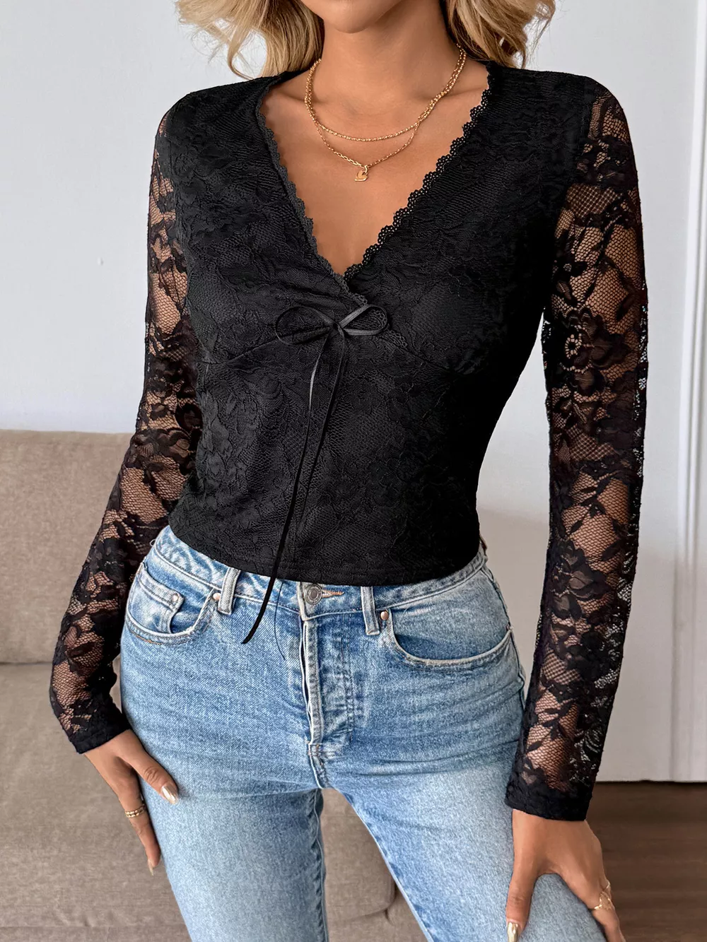 Long Sleeve Floral Lace Mesh Cropped Top, image 2