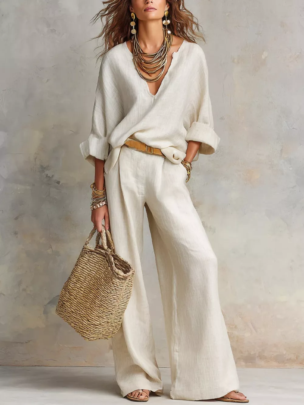 Full Size Loose Fit Top and Wide-Leg Pants Set Plus Size