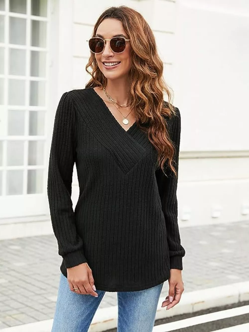 V-Neck Ribbed Long Sleeve Knit Top