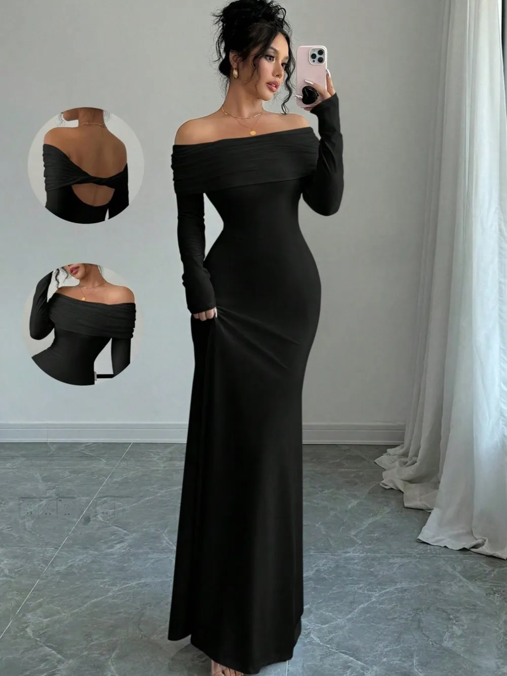 Off-Shoulder Long Sleeve Bodycon Maxi Dress