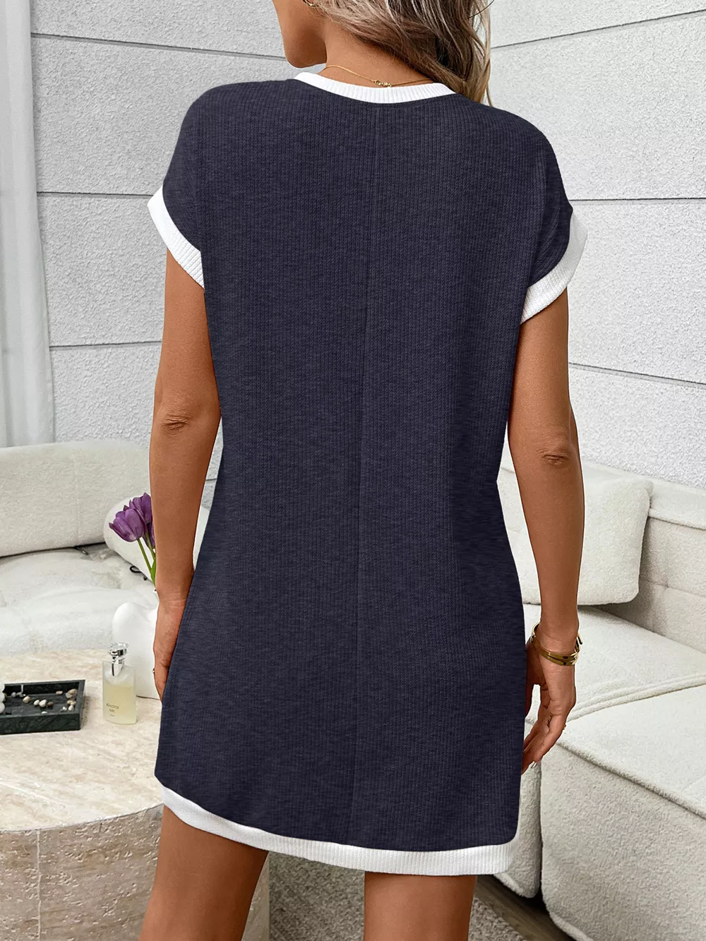 Contrast Trim Ribbed Knit Mini Dress with Pocket, image 9
