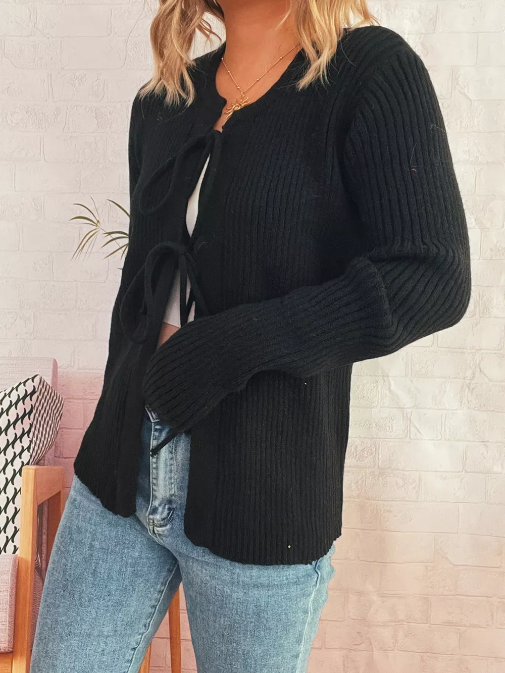 Ribbed Tie Front Long Sleeve Cardigan, image 7