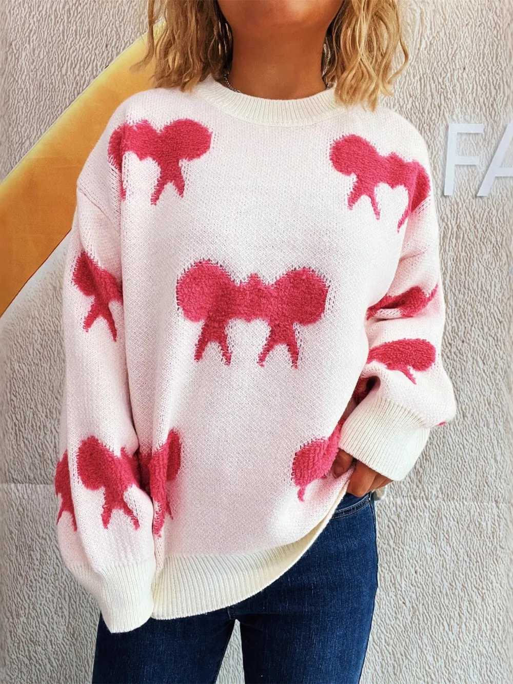 Bow Pattern Round Neck Sweater, image 3