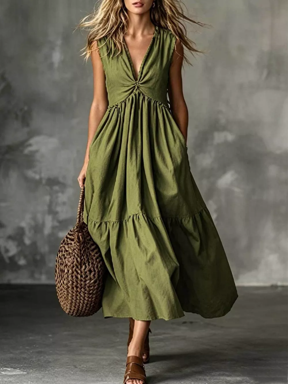 V-Neck Twisted Tiered Midi Dress, image 5