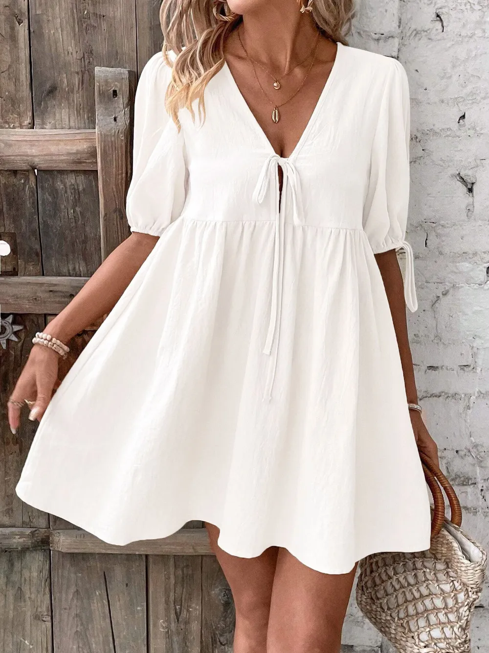 V-Neck Tie-Front Mini Dress with Puff Sleeves, image 2