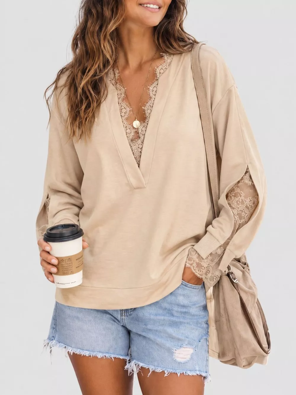 Lace Trim Split Sleeve Sweatshirt, image 2