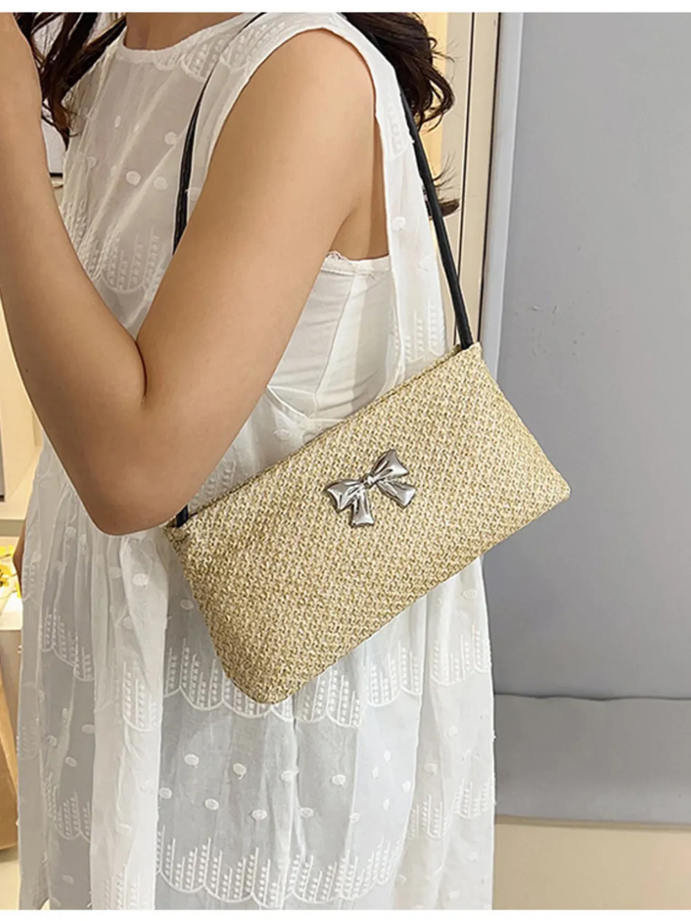 Woven Straw Shoulder Bag with Bow Detail, image 2