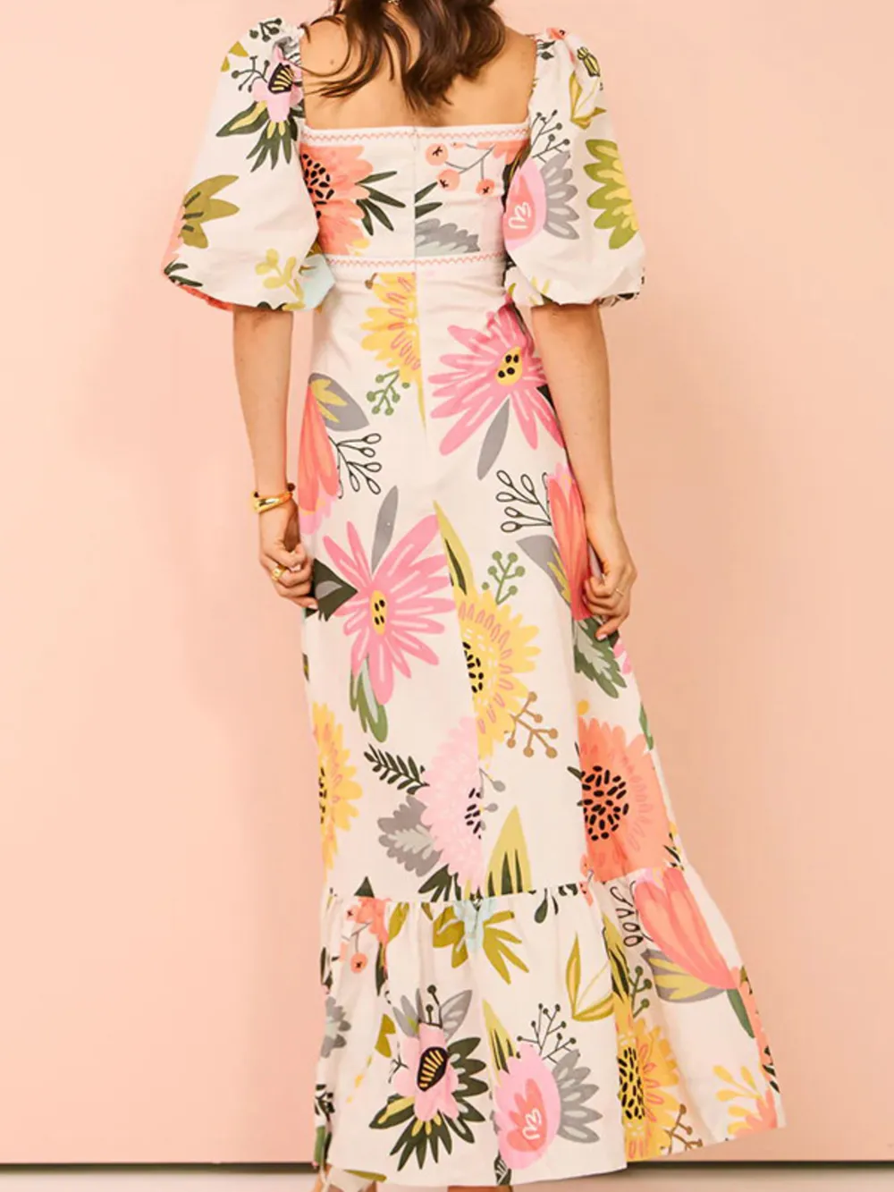 Floral Square Neck Puff Sleeve Maxi Dress with Ruffle Hem, image 2
