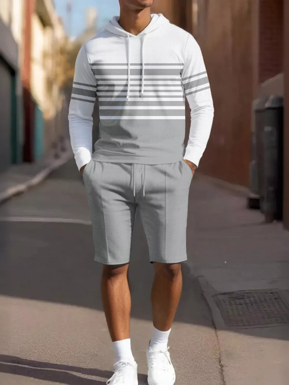 Men's Full Size Striped Hoodie & Shorts Casual Set Plus Size, image 4