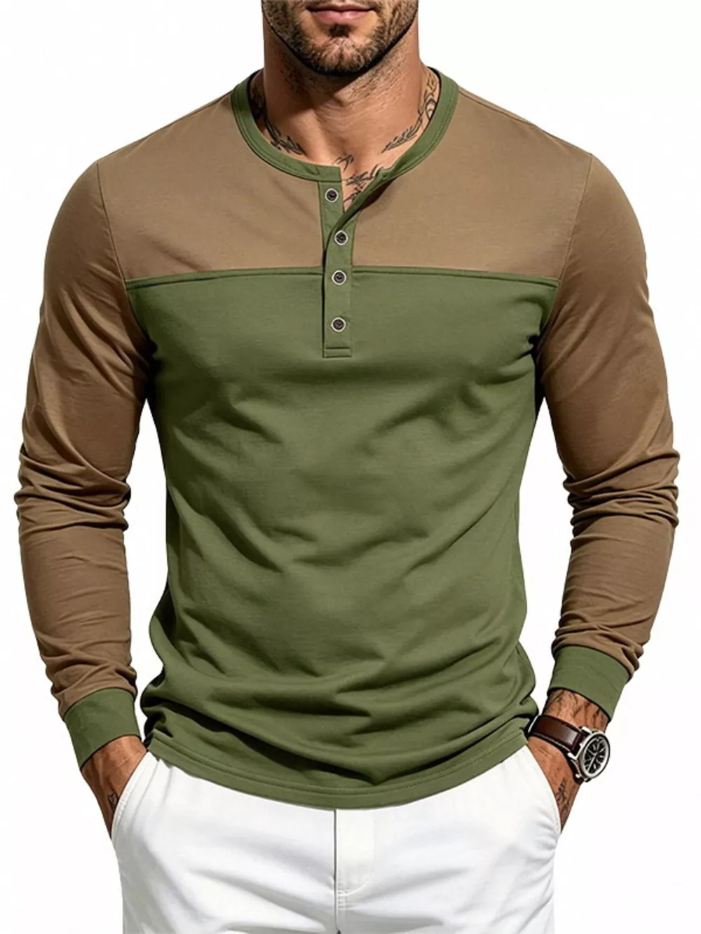 Men's Full Size Color-Block Long Sleeve Henley T-Shirt Plus Size