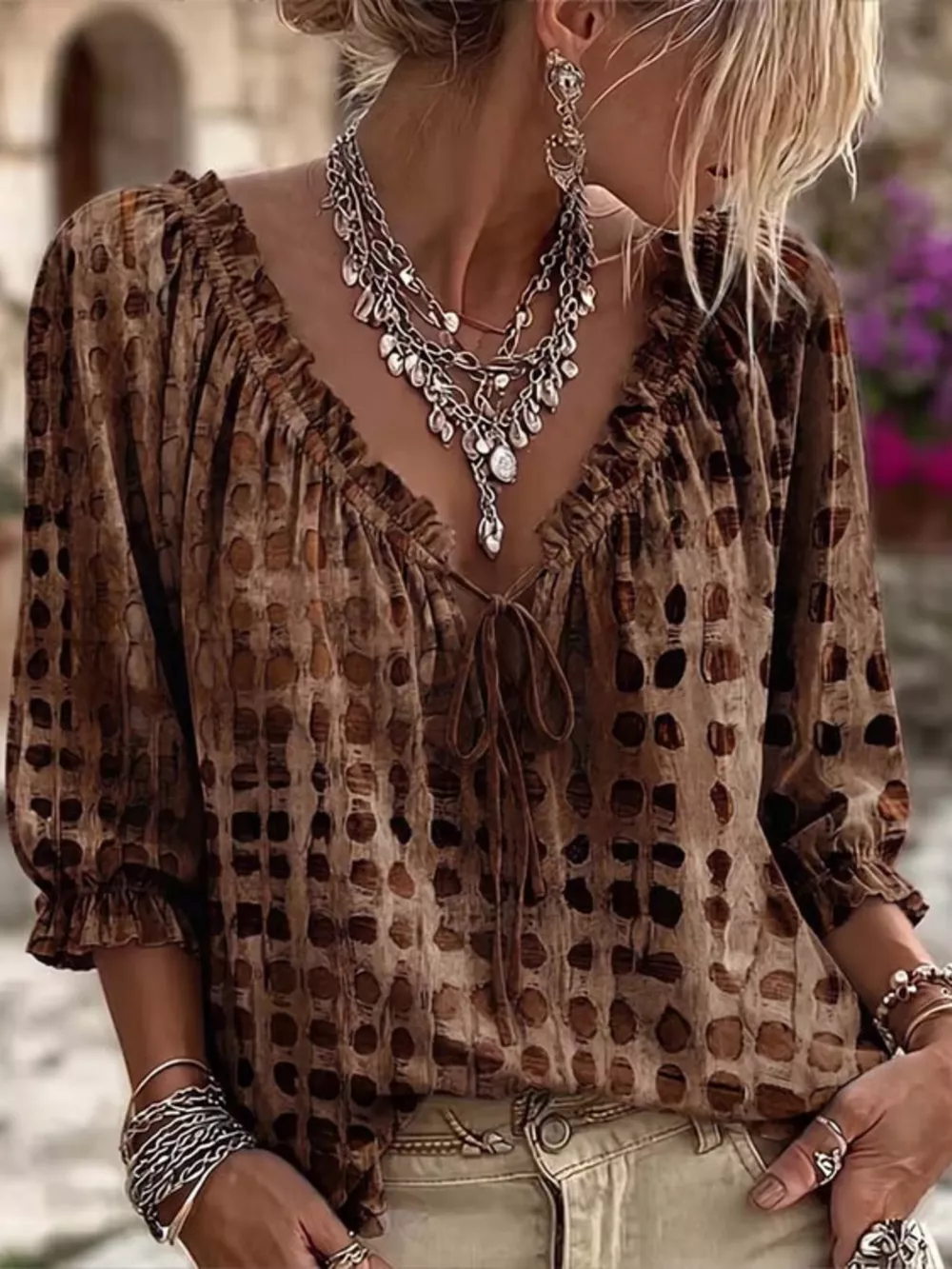Full Size Tie Neck 3/4 Sleeve Blouse Plus Size, image 7