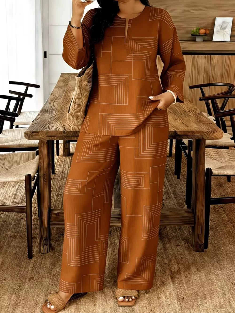 Geometric Print Relaxed Fit Top and Pants Set, image 6