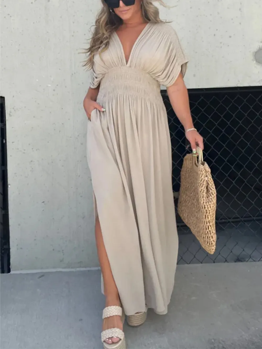 Full Size Deep V-Neck Maxi Dress with Side Slit Plus Size, image 9