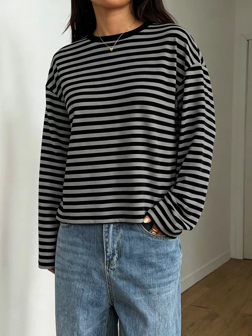 Full Size Casual Long-Sleeve Striped Crew Neck T-Shirt Plus Size