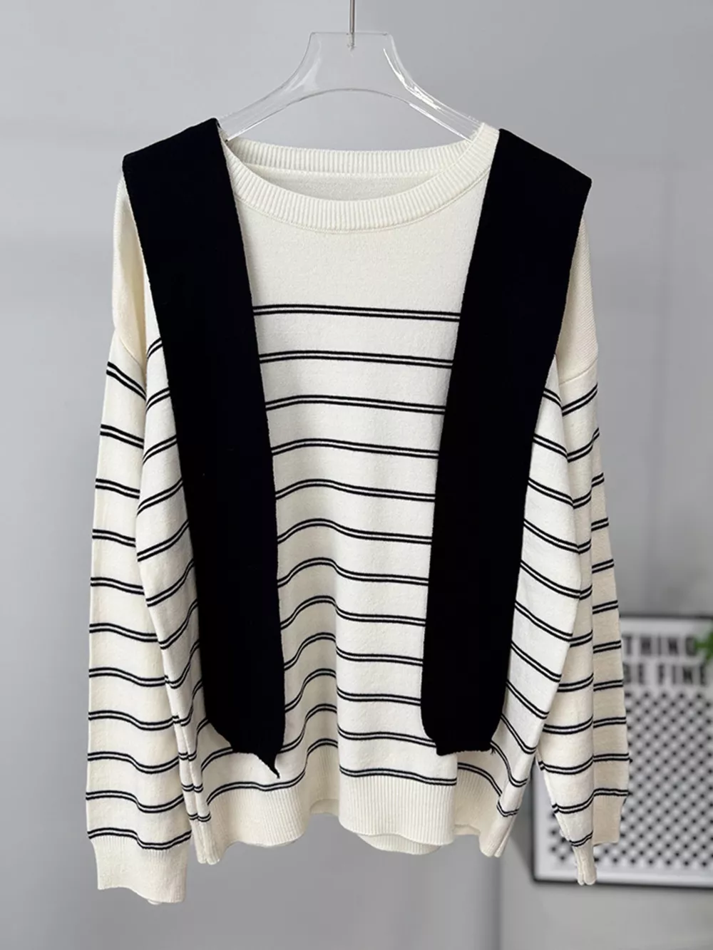 Classic Striped Crewneck Knit Top with Layered Sweater Detail, image 6