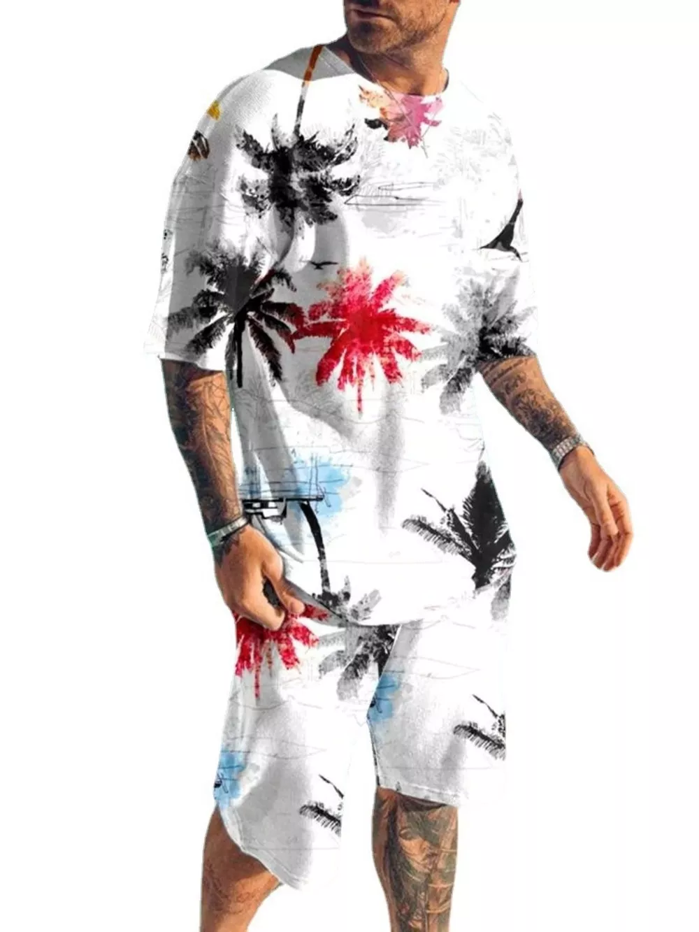 Men's Full Size Palm Tree Print Top and Shorts Set Plus Size, image 2