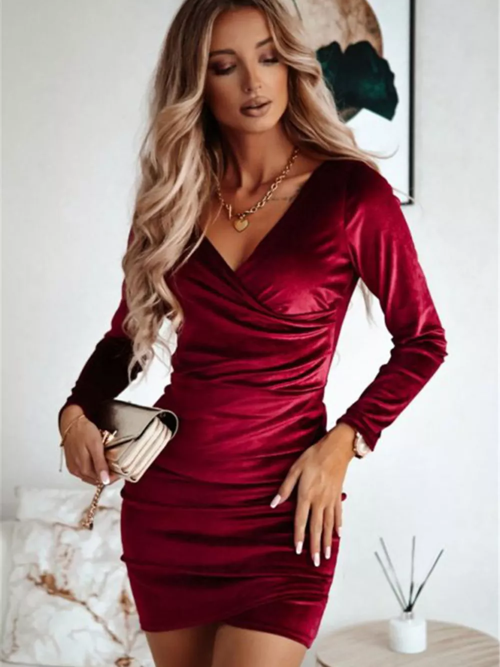 Velvet Ruched Bodycon Mini Dress, image 2