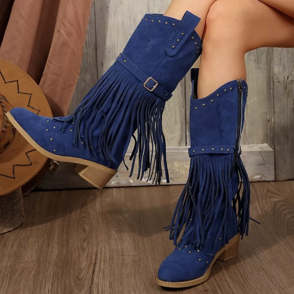Fringe Point Toe Block Heels Boots, image 3