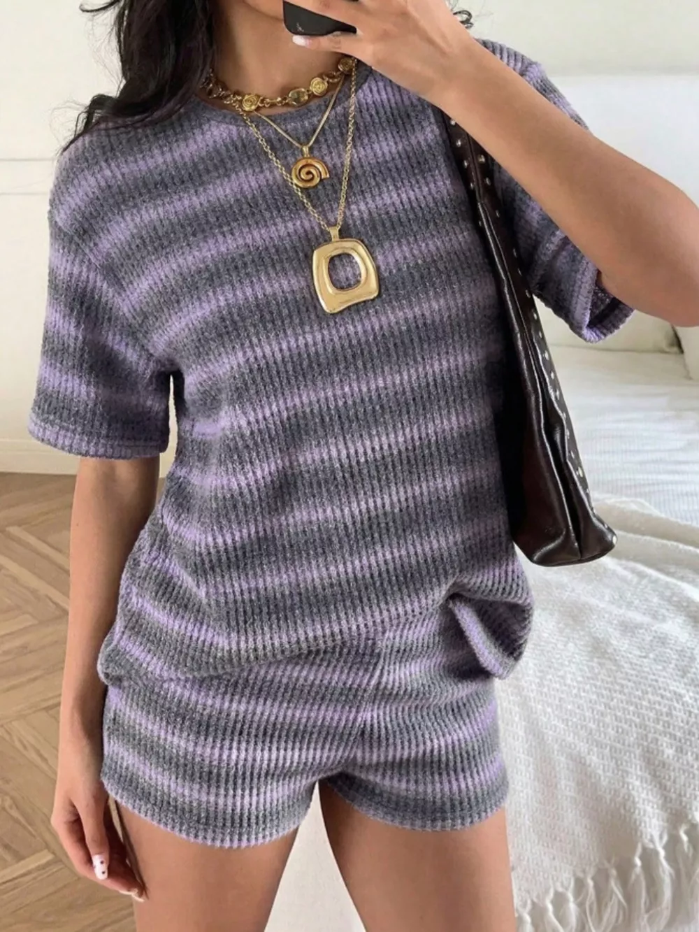 Striped Textured Knit Top and Shorts Set, image 22